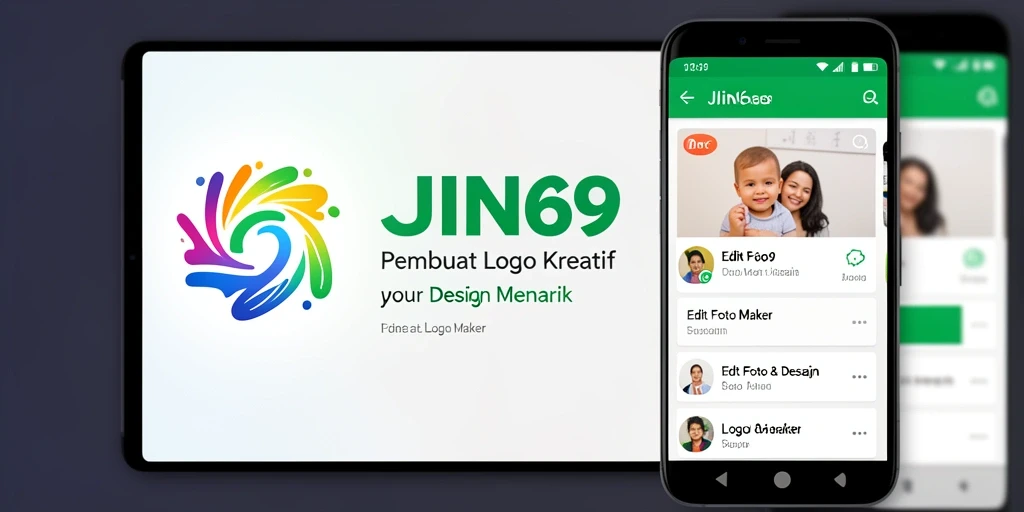 Tampilan antarmuka aplikasi JIN69 saat mendesain logo dengan berbagai pilihan elemen.
